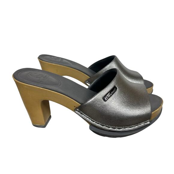 NoSox Polly Womens Retro Pin Up High Heel Sandals Metallic Silver Faux Wood Sz 9 - Picture 1 of 12